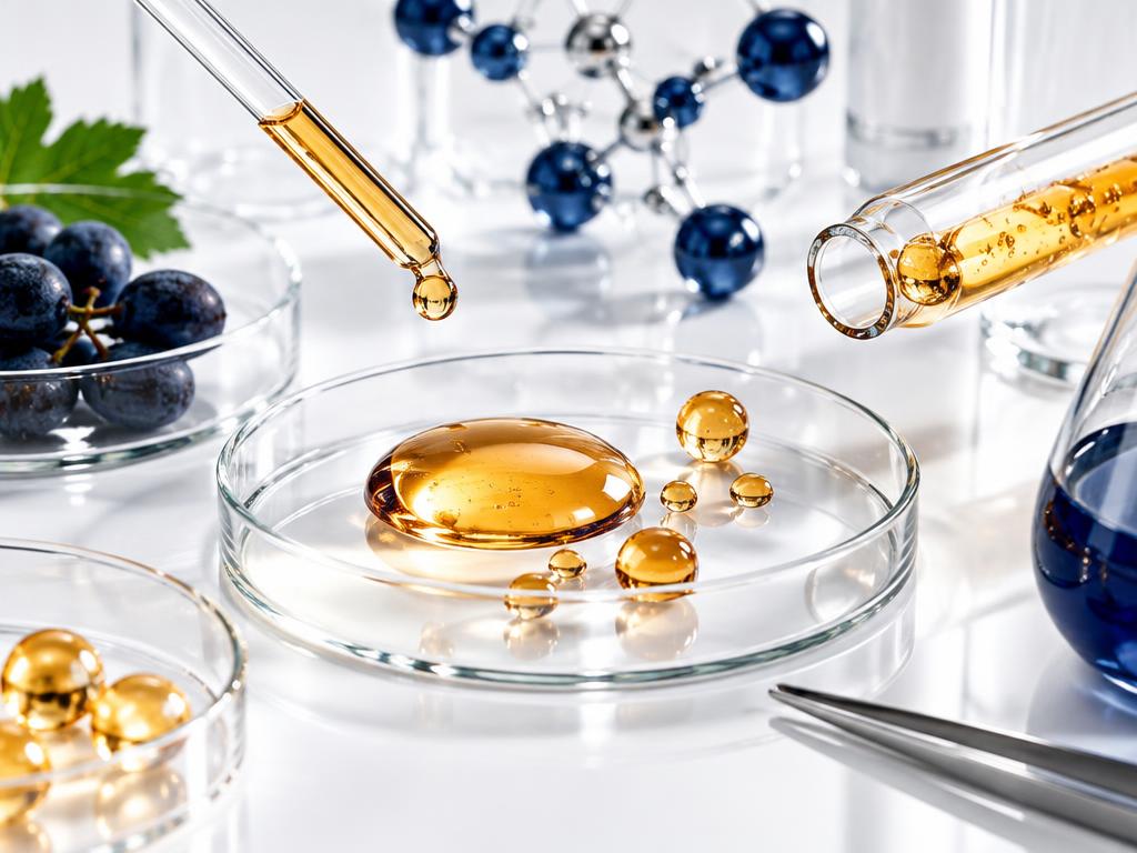 Ilustração conceitual de ativos cosméticos antioxidantes em laboratório